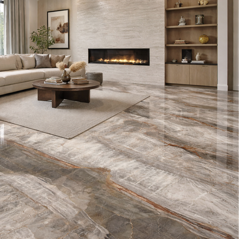 Modern living room with marble flooring and a sectional sofa.